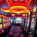 Menggambarkan pengalaman bermain yuyu4d slot di kasino dengan mesin berwarna-warni dan suasana energik