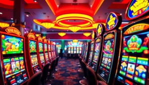 Menggambarkan pengalaman bermain yuyu4d slot di kasino dengan mesin berwarna-warni dan suasana energik