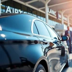 Reliable airport black car service vehicle awaits travelers at the airport terminal with a professional touch.