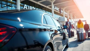 Reliable airport black car service vehicle awaits travelers at the airport terminal with a professional touch.