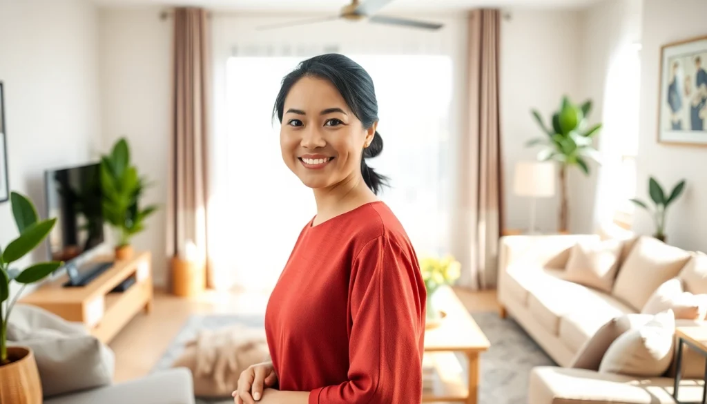 Myanmar maid expertly tidying a cozy living room, showcasing warmth and professionalism.