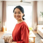Myanmar maid expertly tidying a cozy living room, showcasing warmth and professionalism.