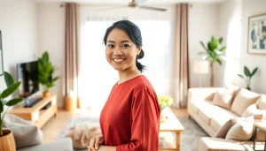 Myanmar maid expertly tidying a cozy living room, showcasing warmth and professionalism.