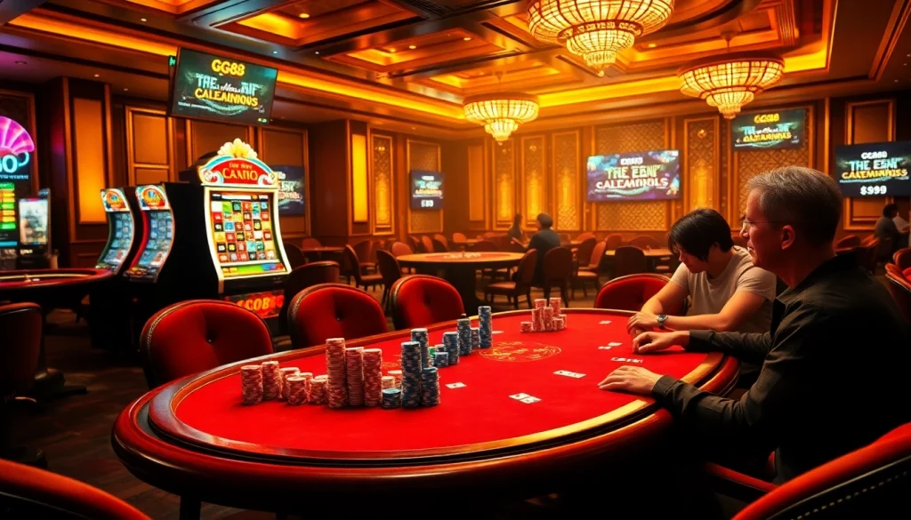 Experience the excitement of gambling at Nhà cái GG88, where players engage at a vibrant poker table amidst a luxurious casino atmosphere.