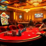 Experience the excitement of gambling at Nhà cái GG88, where players engage at a vibrant poker table amidst a luxurious casino atmosphere.