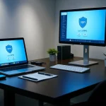 快连vpn下载 shown on a modern workspace setup with a computer and smartphone.