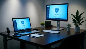 快连vpn下载 shown on a modern workspace setup with a computer and smartphone.