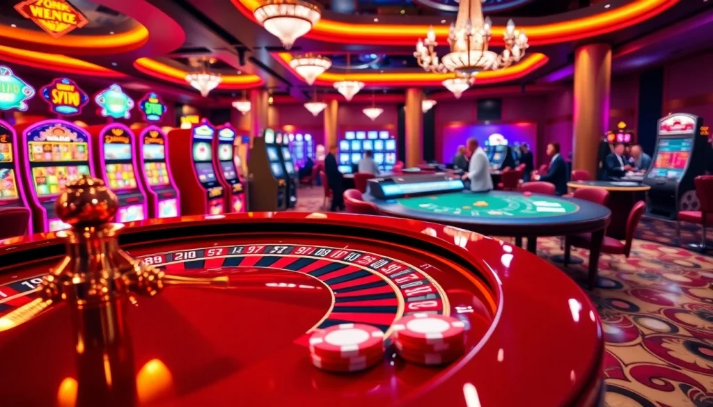 Players engaging in thrilling casino games at https://bl-555.io/ with vibrant slot machines and roulette tables.