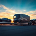 View of luxury transport vehicles on a truck from https://luxuryautocarriers.com showcasing safe car shipping services.