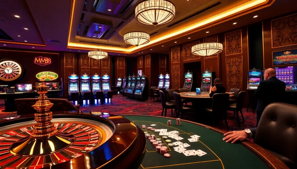 Engaging players at MM88 Tokyo enjoy a lively poker game surrounded by elegant casino decor.
