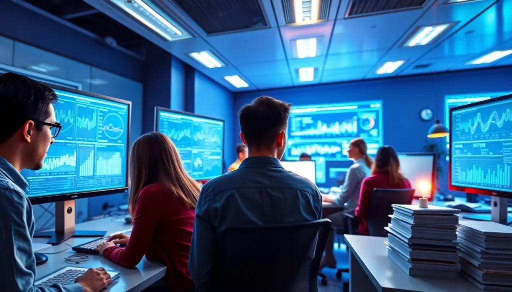 Showcasing a professional AI testing workspace from https://benchbot.ai, highlighting teamwork and advanced technology.