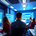 Showcasing a professional AI testing workspace from https://benchbot.ai, highlighting teamwork and advanced technology.