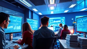 Showcasing a professional AI testing workspace from https://benchbot.ai, highlighting teamwork and advanced technology.