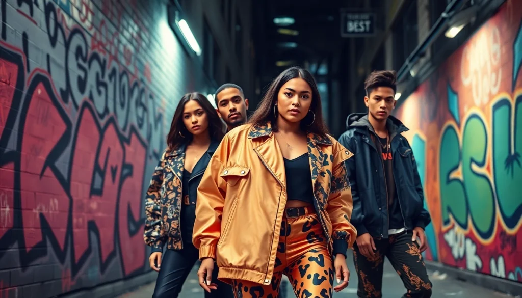 Luxury urban clothing showcased by diverse models in a vibrant city setting, highlighting stylish streetwear fashion.