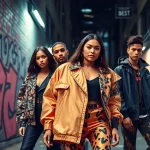 Luxury urban clothing showcased by diverse models in a vibrant city setting, highlighting stylish streetwear fashion.
