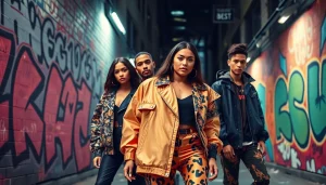 Luxury urban clothing showcased by diverse models in a vibrant city setting, highlighting stylish streetwear fashion.