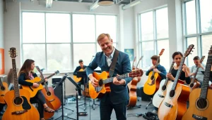 Engaged students learning guitar at https://guitarlessons.co.uk with a professional instructor in a bright, inspiring environment.