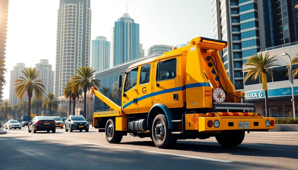 Get professional car recovery services at https://trtrecoveryuae.com with a bright yellow tow truck in Dubai.
