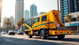 Get professional car recovery services at https://trtrecoveryuae.com with a bright yellow tow truck in Dubai.