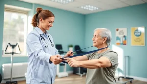 Find physiotherapy near me with a skilled therapist assisting a patient in a modern clinic.