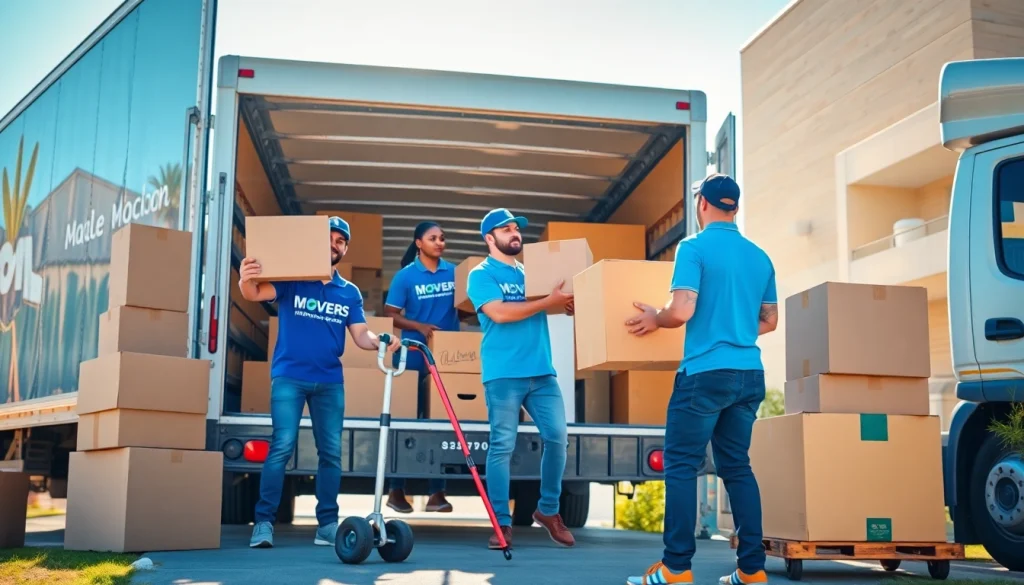 Movers efficiently loading a modern truck with boxes, exuding professionalism and teamwork.