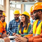 Showcase construction workforce development training with engaged learners in vivid workplace setting.