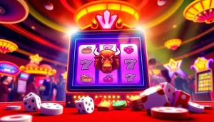 Putar mesin slot matador168 slot dengan simbol berwarna-warni dan latar penuh cahaya neon.