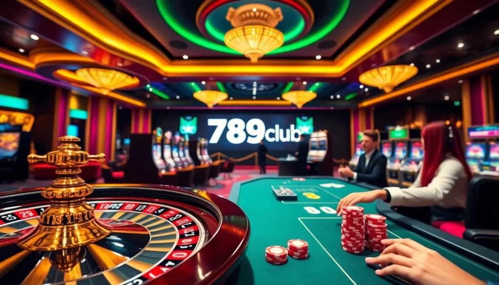 Engaging scene of 789club online gambling with vibrant roulette, slot machines, and poker tables.