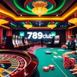 Engaging scene of 789club online gambling with vibrant roulette, slot machines, and poker tables.