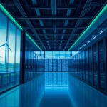 Modern AI-driven crypto mining app operation in a sustainable data center showcasing renewable energy sources.