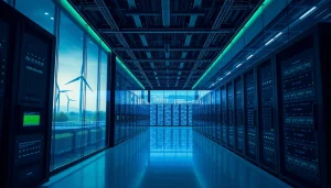 Modern AI-driven crypto mining app operation in a sustainable data center showcasing renewable energy sources.