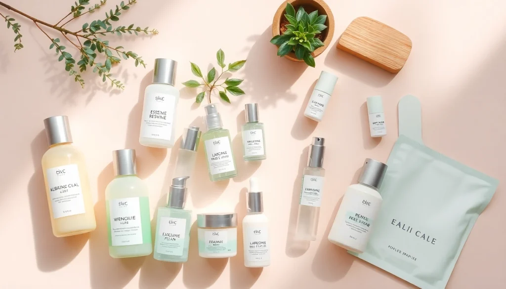 Koreansk hudvård online som visar populära koreanska hudvårdsprodukter i en elegant flat lay-komposition.