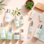 Koreansk hudvård online som visar populära koreanska hudvårdsprodukter i en elegant flat lay-komposition.