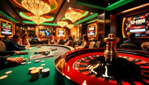 Engaging casino scene featuring SN888 Login with vibrant poker chips and roulette action.