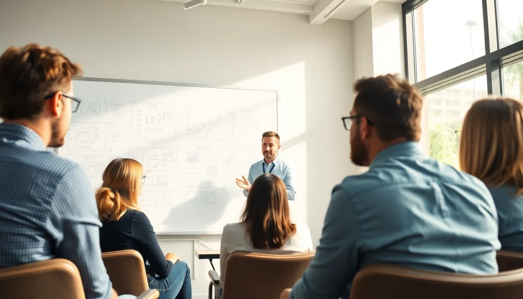 Engaging business coach near me guiding a workshop with participants in a modern office environment.
