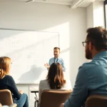 Engaging business coach near me guiding a workshop with participants in a modern office environment.