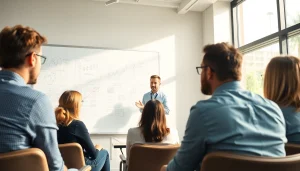 Engaging business coach near me guiding a workshop with participants in a modern office environment.