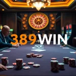 Engage in thrilling gameplay at 389WIN casino with stylish poker chips and cards.