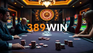 Engage in thrilling gameplay at 389WIN casino with stylish poker chips and cards.