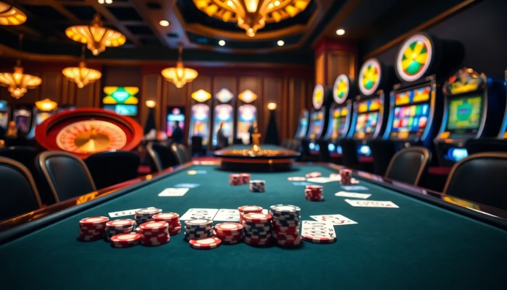 Experience an exciting poker game at 33win68 with vibrant chips and cards amidst a glamorous casino atmosphere.