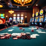 Experience an exciting poker game at 33win68 with vibrant chips and cards amidst a glamorous casino atmosphere.
