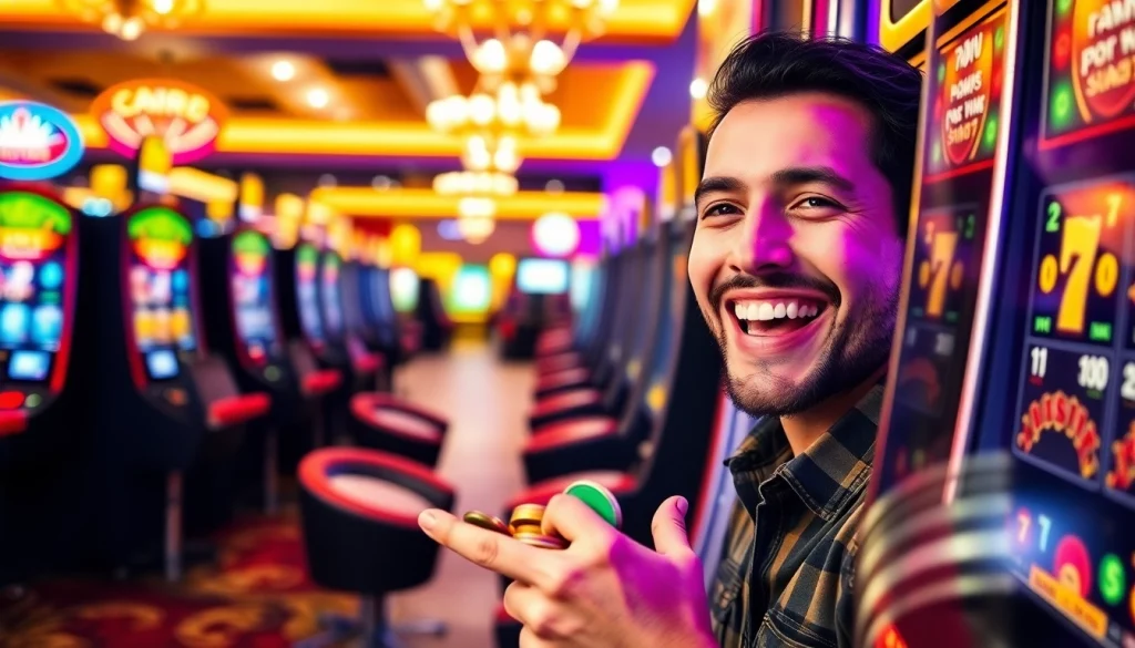 Excited player celebrating a win at a Free Credit Slot machine in a colorful casino.