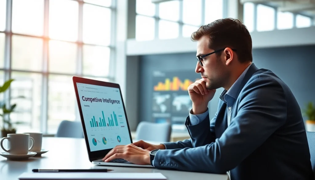 Analyze competitive intelligence trends with a marketing strategist in a modern office.