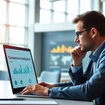 Analyze competitive intelligence trends with a marketing strategist in a modern office.