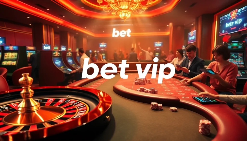 Cảnh casino Bet VIP đầy phấn khích với bánh xe roulette, người chơi poker và các máy đánh bạc hoạt hình.