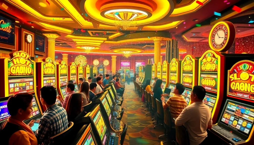 Experience the excitement of Slot Gacor Hari ini with players engaging at vibrant slot machines and colorful casino ambiance.