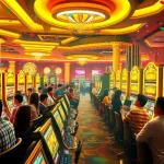 Experience the excitement of Slot Gacor Hari ini with players engaging at vibrant slot machines and colorful casino ambiance.