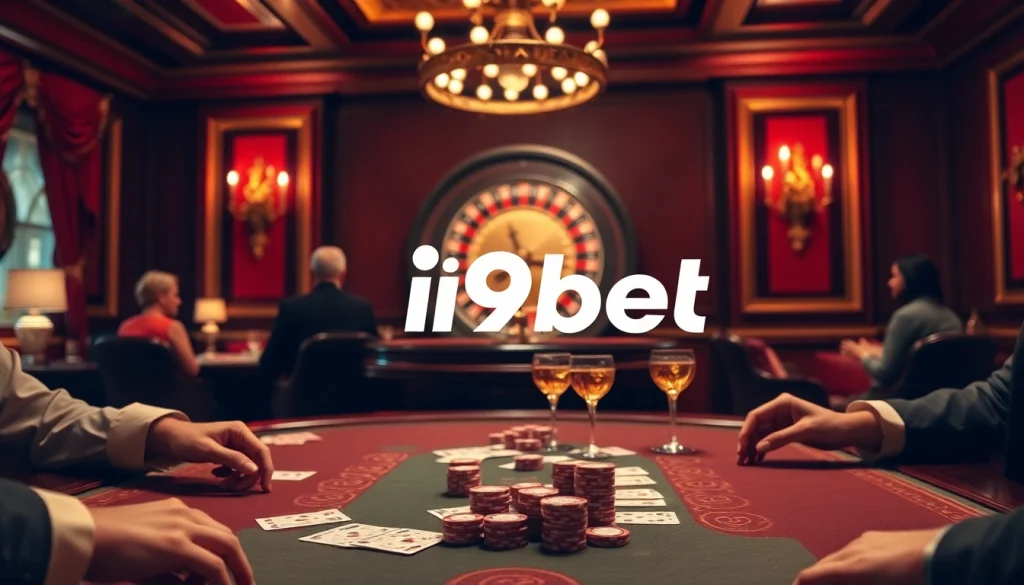 Gambling players enjoying poker and roulette at i9bet, with vibrant casino elements visible.