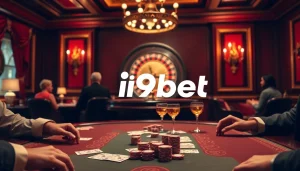 Gambling players enjoying poker and roulette at i9bet, with vibrant casino elements visible.