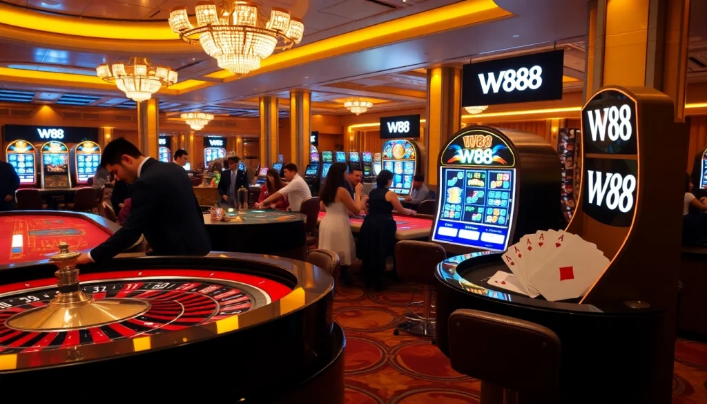 Experience the excitement of W88 gaming with friends at a luxurious casino table and slot machines.